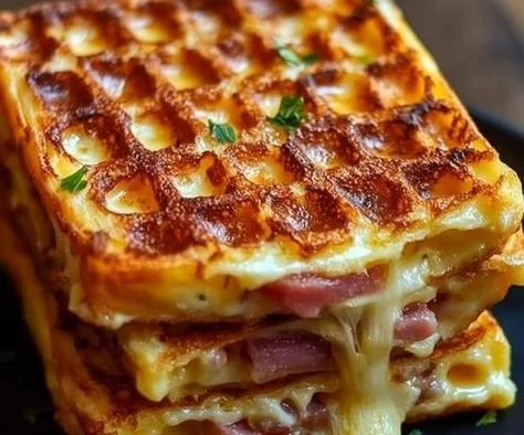 Gaufres salées croustillantes au jambon et fromage servies avec une garniture