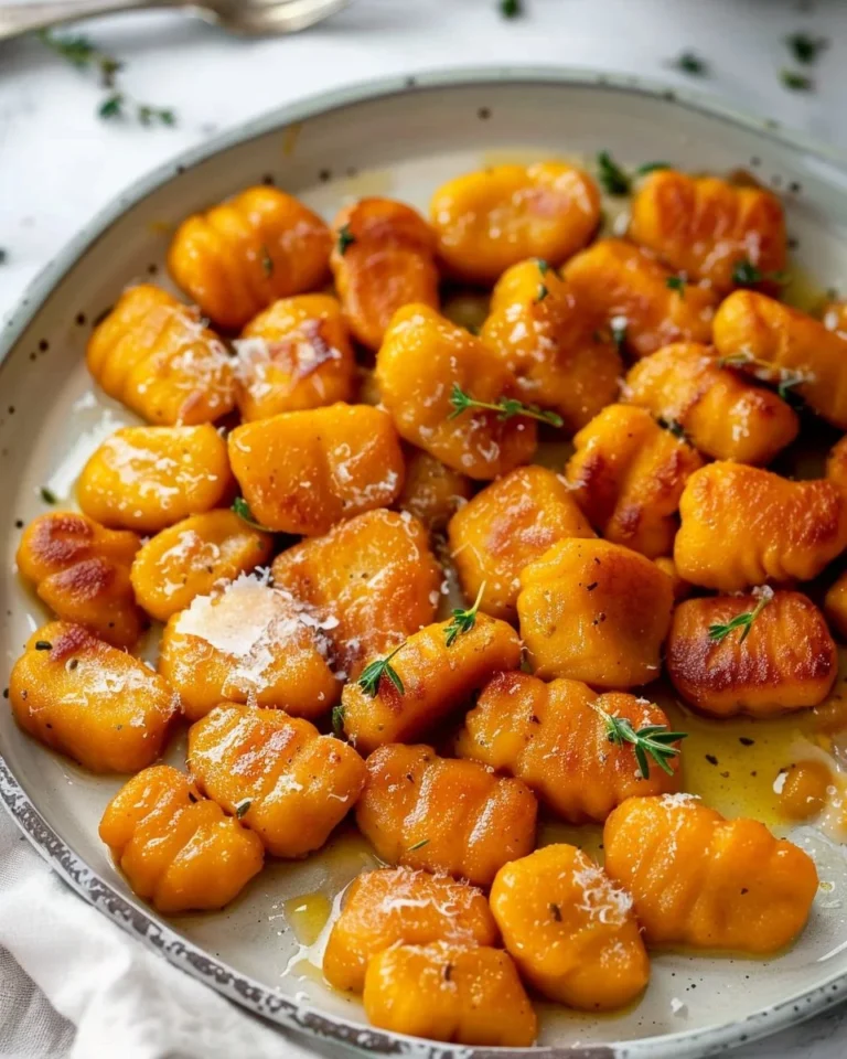 Gnocchis de potimarron poêlés au beurre de thym dans une poêle cela exhale des arômes