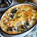 Gratin de cabillaud aux crevettes et moules, un plat délicieux et raffiné.