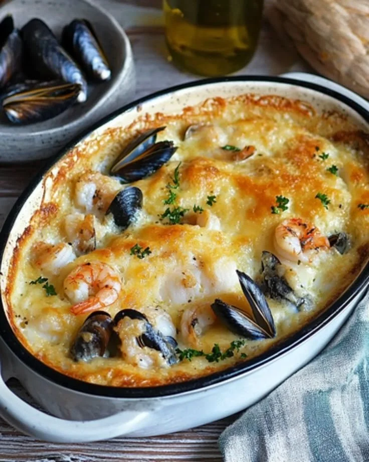 Gratin de cabillaud aux crevettes et moules, un plat délicieux et raffiné.