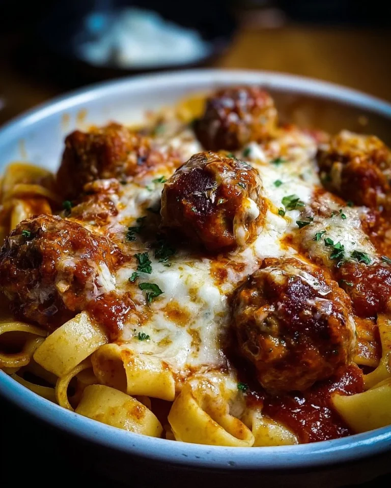 Gratin de linguine avec boulettes en sauce servi dans un plat appétissant.