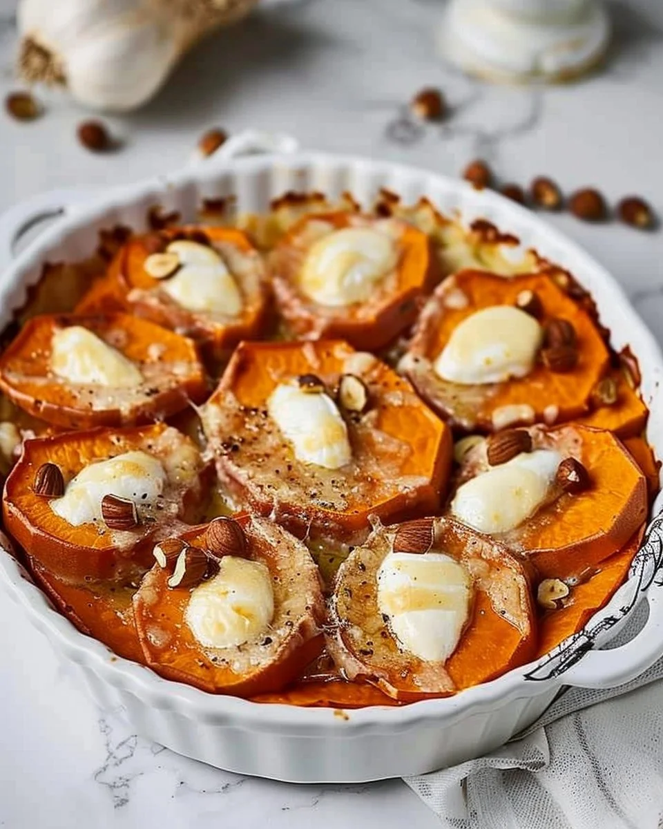 Gratin de patates douces au chèvre et noisettes, plat savoureux et réconfortant.
