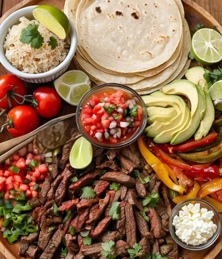Plateau de fajitas appétissant avec viande, légumes et tortillas