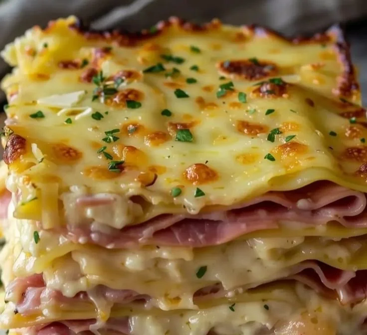 Lasagnes au jambon et fromage, un plat délicieux et réconfortant au four.