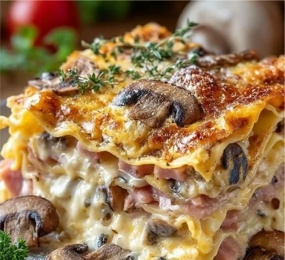 Lasagnes aux champignons, jambon et fromage prêtes à être servies dans un plat chaud.
