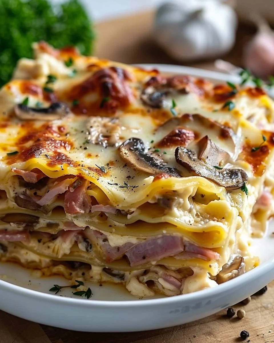 Lasagnes aux champignons, jambon et fromage prêtes à être servies