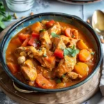 Plat de Mafé Maison, un délicieux repas africain à base de viande et de sauce aux arachides.