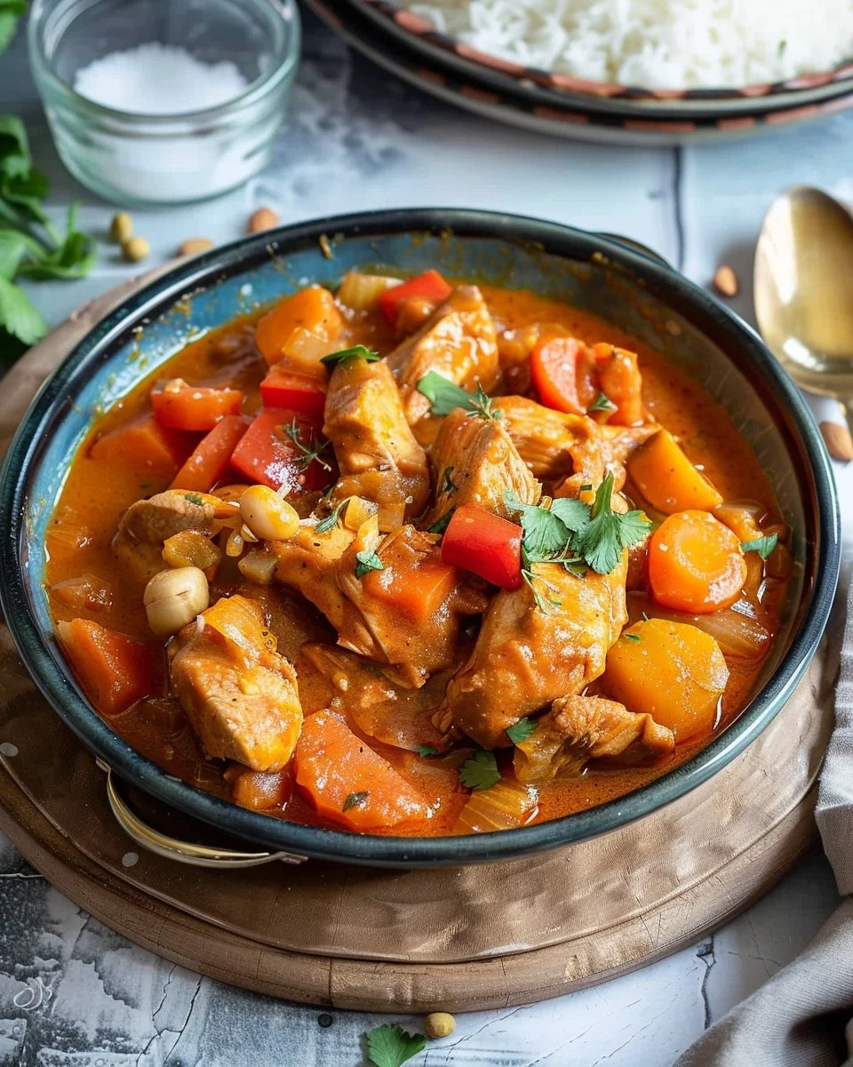 Plat de Mafé Maison, un délicieux repas africain à base de viande et de sauce aux arachides.
