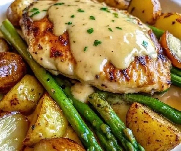 Poulet miel-moutarde servi avec des asperges rôties et du fromage