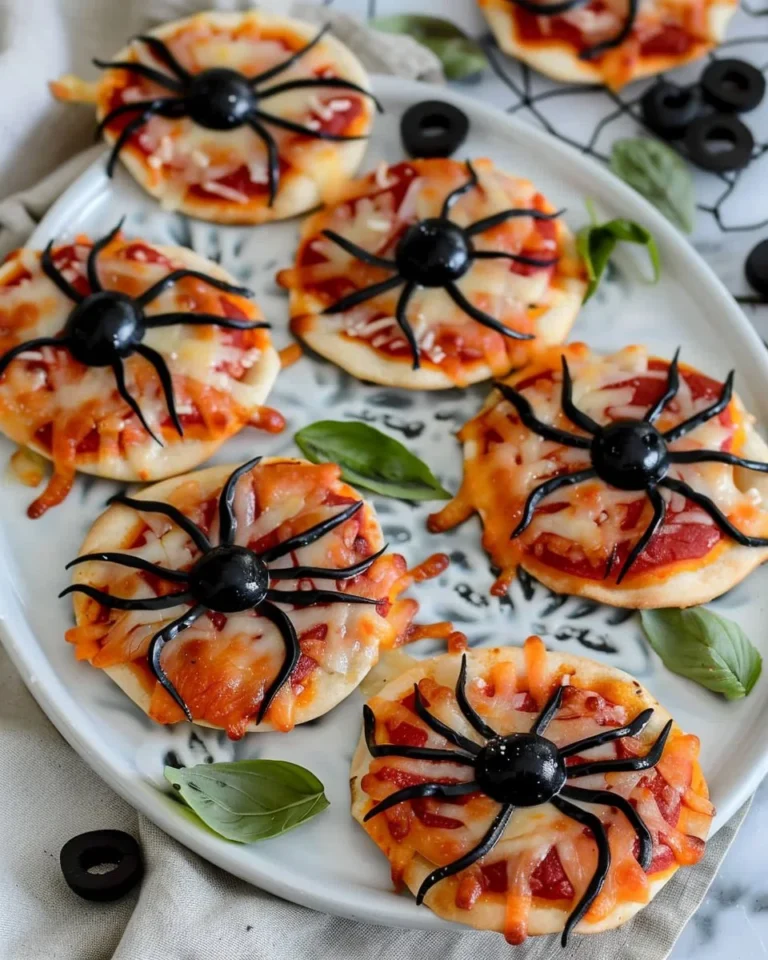 Minis pizzas araignée sur une assiette, prêtes à être dégustées.
