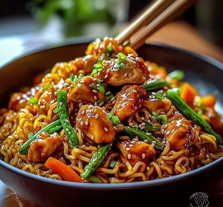 Recette de nouilles sautées au poulet caramélisé, un plat délicieux.