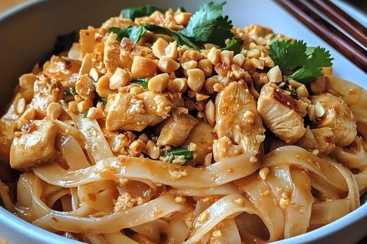 Plat de nouilles thaï au poulet et cacahuètes savoureux et coloré.