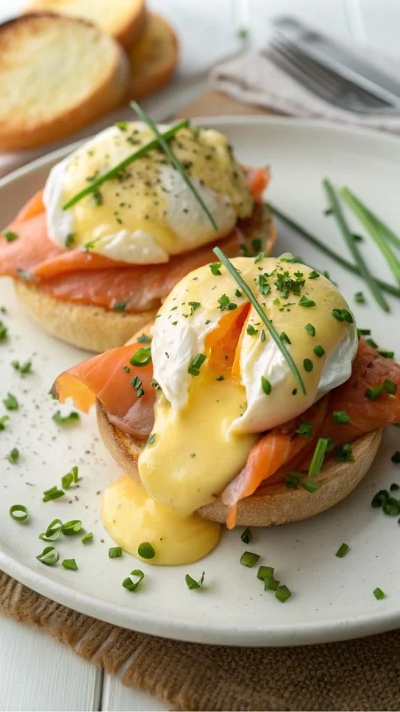 Assiette d'Oeufs Bénédicte garnis de sauce hollandaise et de pancetta