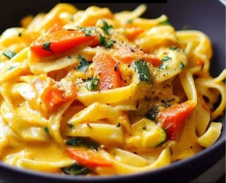 Pasta aux légumes avec lait de coco et curry, plat coloré et savoureux