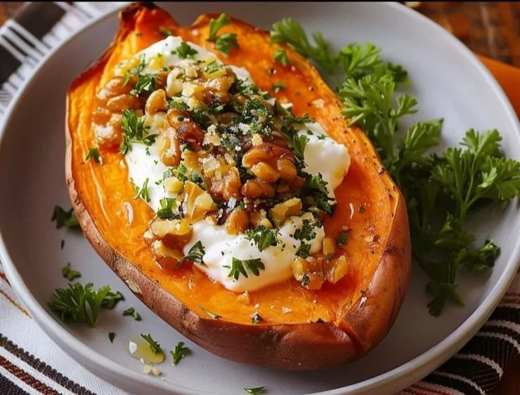 Patate douce rôtie avec yaourt et miel dans un plat
