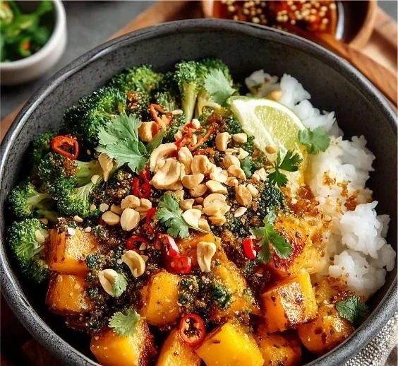 Patates douces thaï aux cacahuètes servies dans un bol coloré