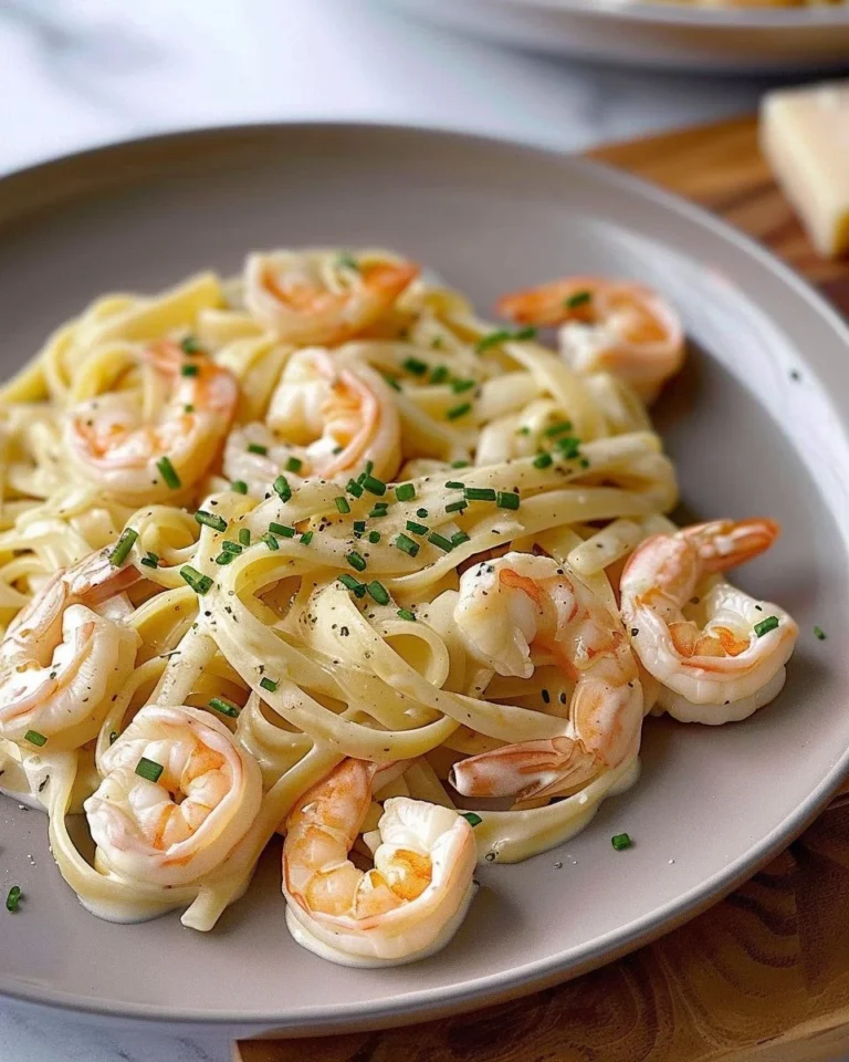 Pâtes crémeuses aux crevettes Alfredo garnies de parmesan et de persil.