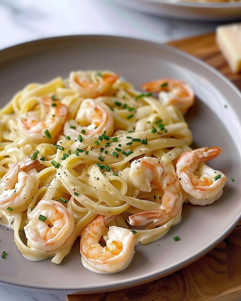 Pâtes crémeuses aux crevettes Alfredo garnies de parmesan et de persil.