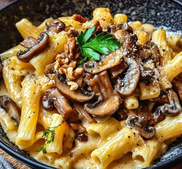 Pâtes crémeuses à la butternut, champignons et noix dans un plat réconfortant.