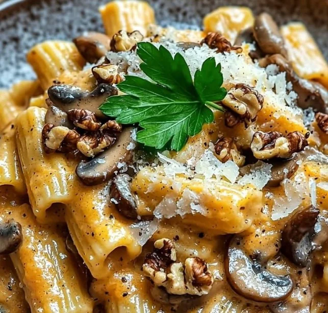 Plat de pâtes gourmandes aux saveurs d'automne avec légumes et épices.