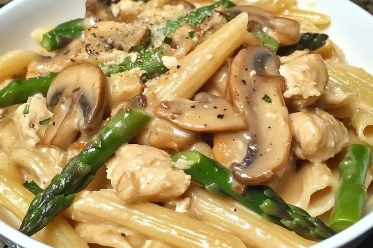 Penne avec poulet crémeux, champignons et asperges dans une assiette