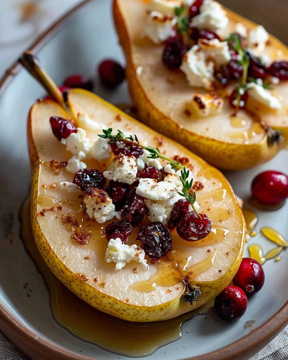 Poires cuites garnies de feta et canneberges sur un plat élégant.