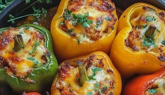 Poivrons farcis à la viande hachée garnis d'herbes et d'épices.