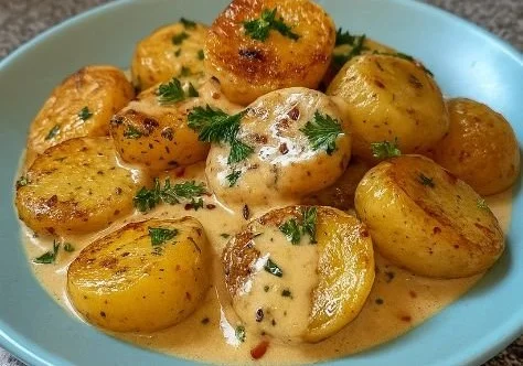 Pommes de terre grenaille servies avec une sauce crémeuse à l'ail