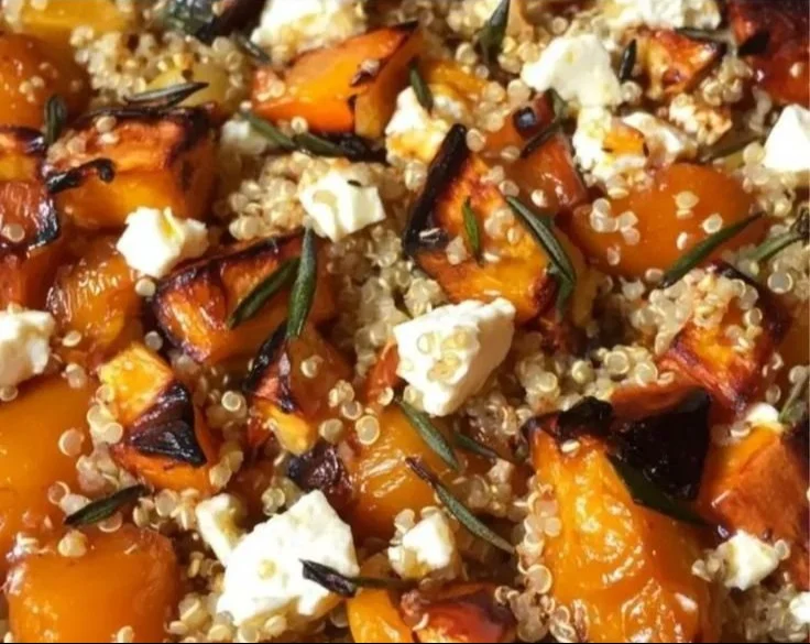 Potimarron rôti garni de feta, thym et quinoa, plat automnal savoureux
