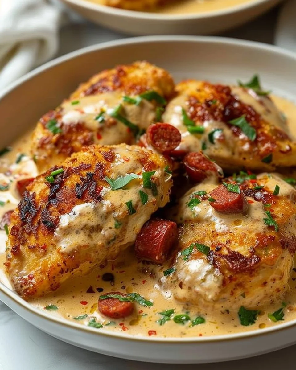 Recette de poulet au chorizo crémeux servie dans une assiette