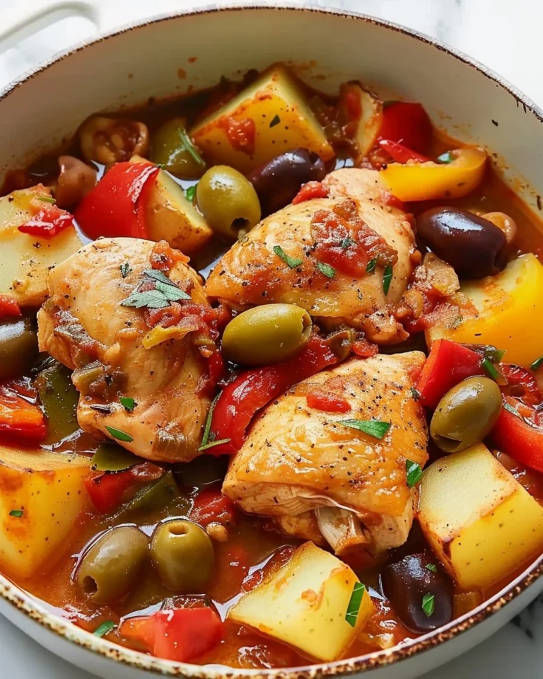 Poulet aux poivrons avec pommes de terre et olives en sauce tomate