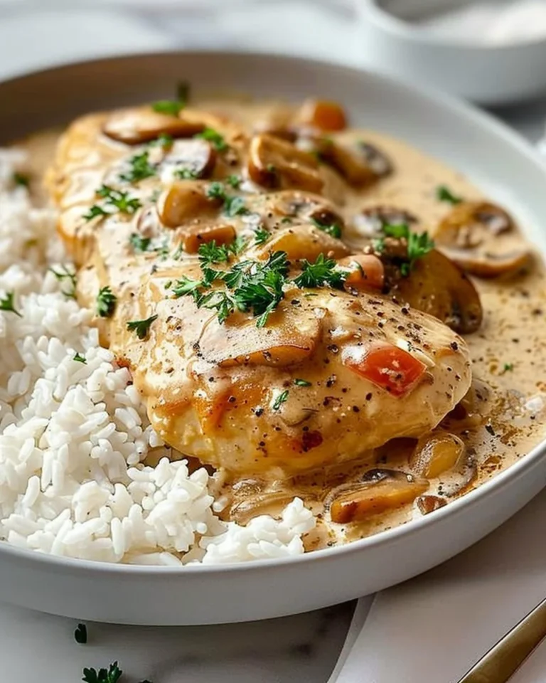 Plat de poulet crémeux accompagné de riz en sauce