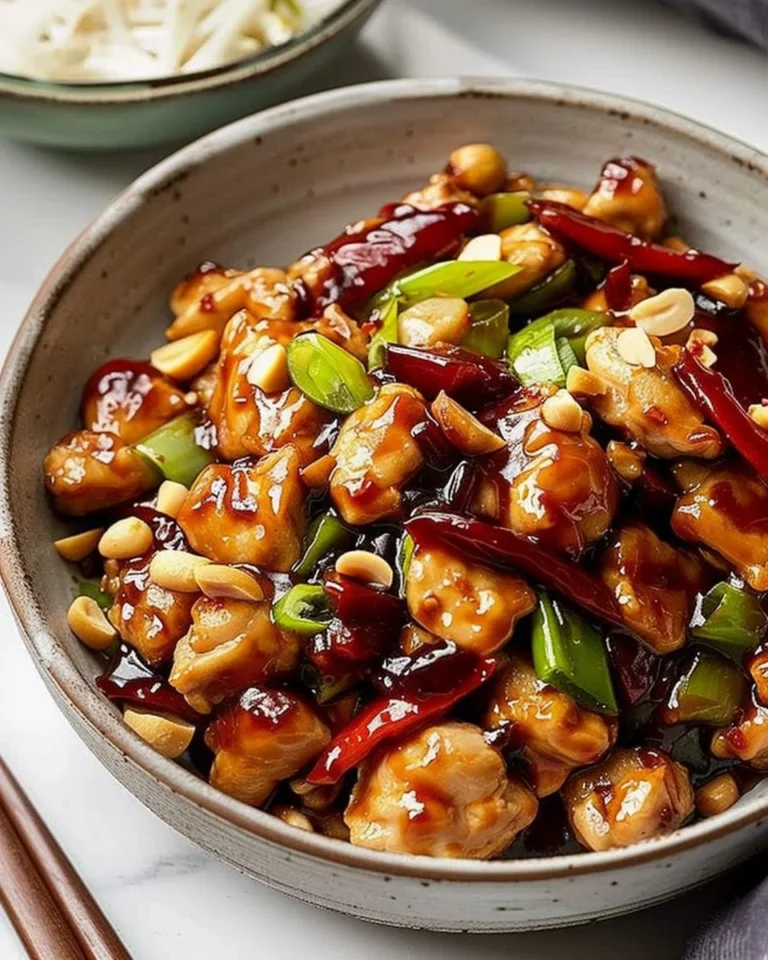 Plat de Poulet Kung Pao avec sauce épicée et légumes croquants.