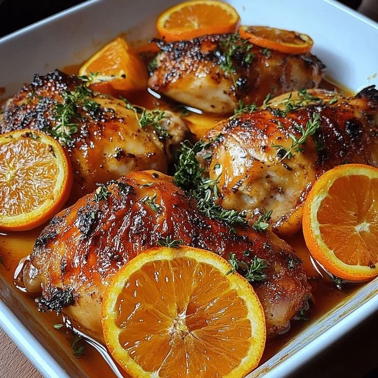 Poulet Orange Rôti avec sauce à l'orange sur une assiette