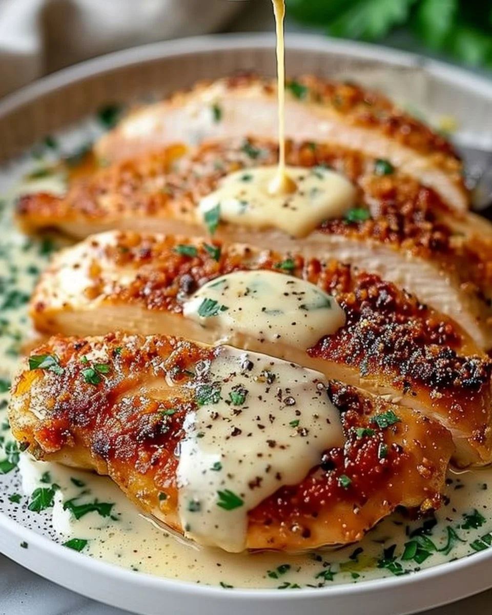 Recette de Poulet Parmesan Crémeux garnie de fromage fondant et d'herbes fraîches