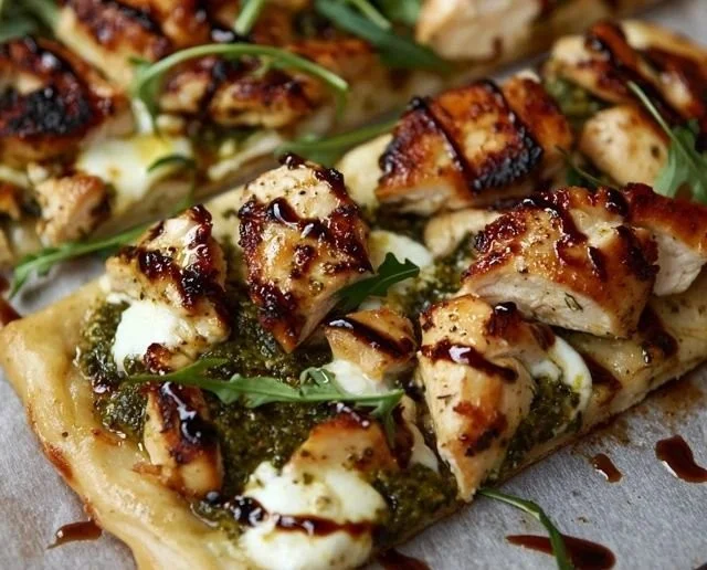 Poulet Pesto sur Pain Plat, un plat savoureux et rapide à préparer.