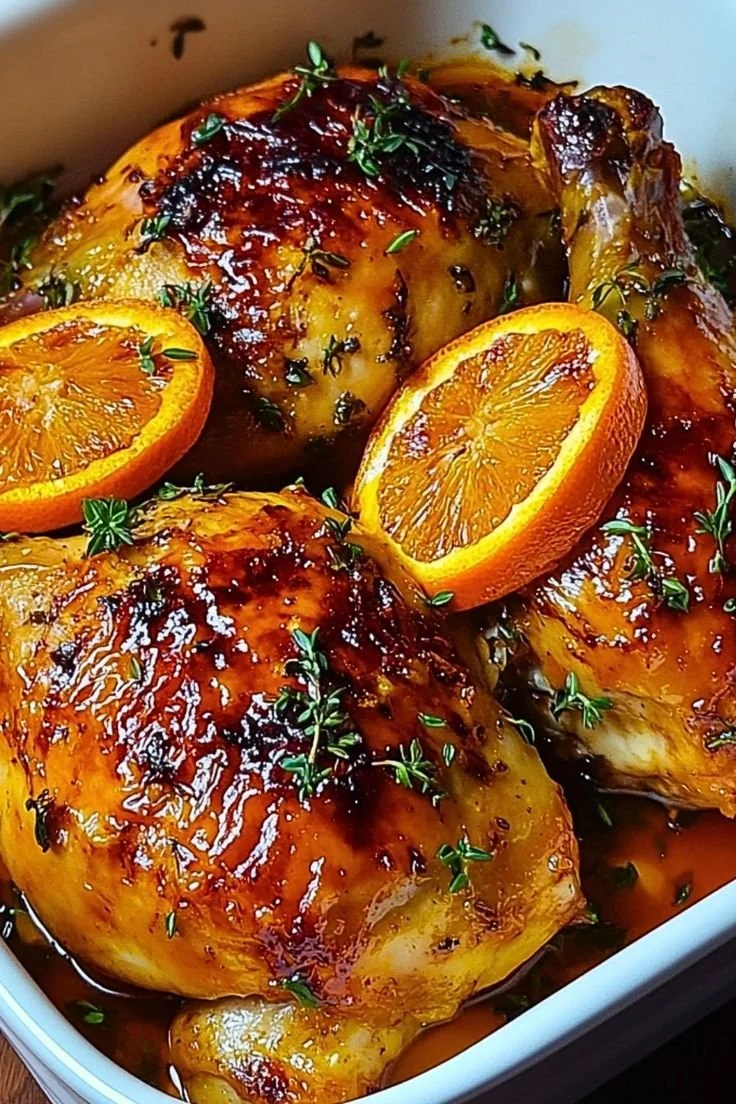 Recette de poulet rôti aux oranges sucré salé, plat savoureux et appétissant.