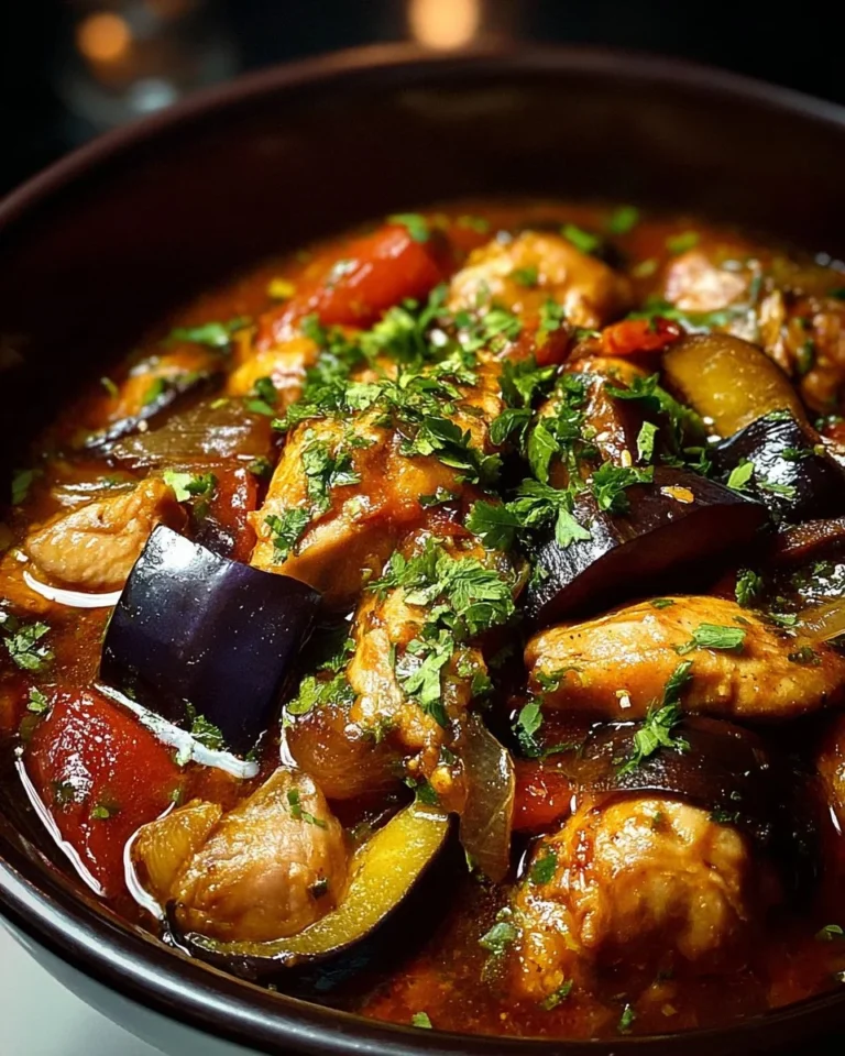 Ragoût de poulet aux aubergines, un plat riche en saveurs.