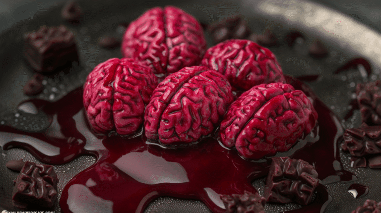 Gros plan sur un gâteau en forme de cerveau d’Halloween recouvert d’un glaçage rouge vif et brillant, posé sur un plateau métallique, avec un intérieur chocolat et coulis de cerise.