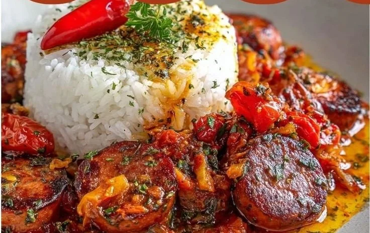 Un plat de rougail saucisse réunionnais avec des saucisses épicées et des tomates.