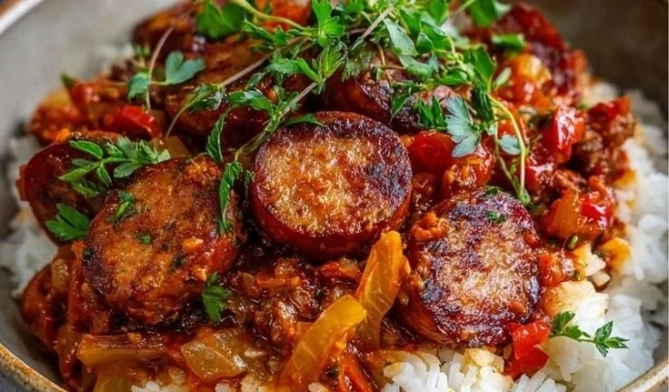 Plat de Rougail Saucisse Réunionnais servi avec riz, une recette traditionnelle.