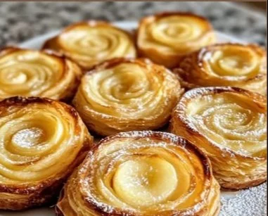 Roulés feuilletés aux pommes dorés et appétissants sur une assiette.