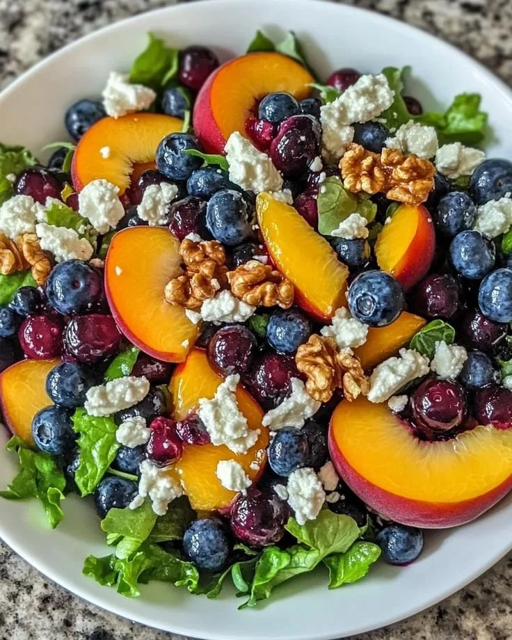 Salade de bleuets, pêches et feta, fraîche et colorée