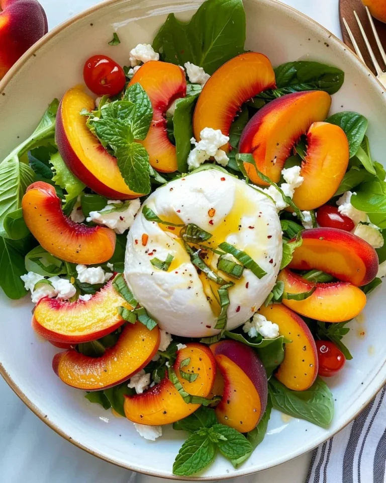 Salade de burrata et pêches servie dans un bol en céramique.
