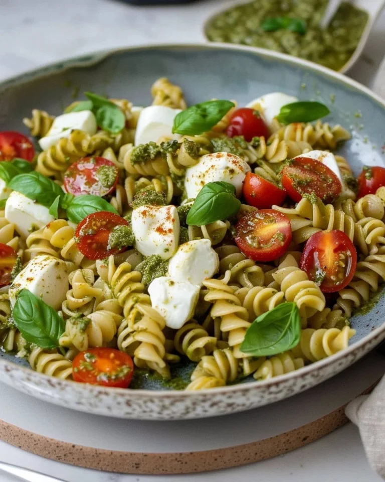 Salade de pâtes au pesto et mozzarella, idéale pour un repas d'été.