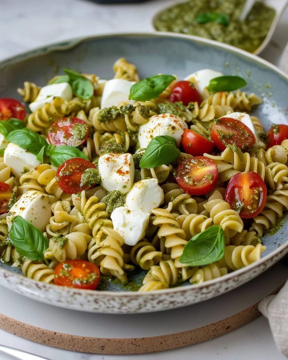 Salade de pâtes au pesto et mozzarella, idéale pour un repas d'été.