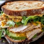 Sandwich au dinde avec avocat et moutarde au miel, prêt à être dégusté.