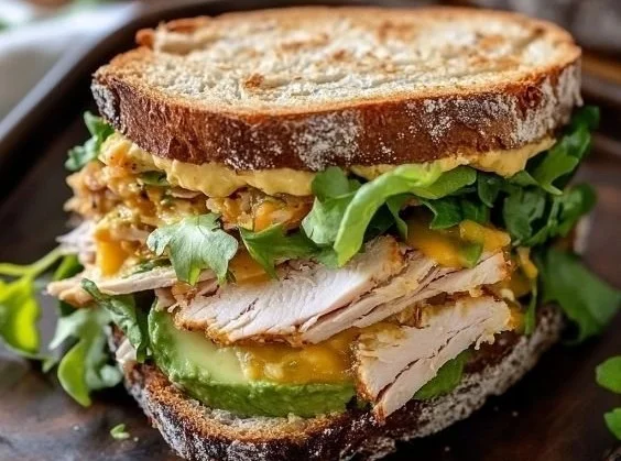 Sandwich au dinde avec avocat et moutarde au miel, prêt à être dégusté.