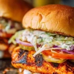 Sandwiches au poulet grillé Buffalo avec sauce piquante et garnitures savoureuses