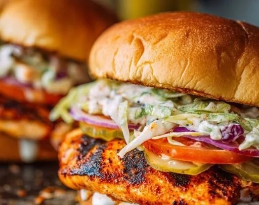 Sandwiches au poulet grillé Buffalo avec sauce piquante et garnitures savoureuses